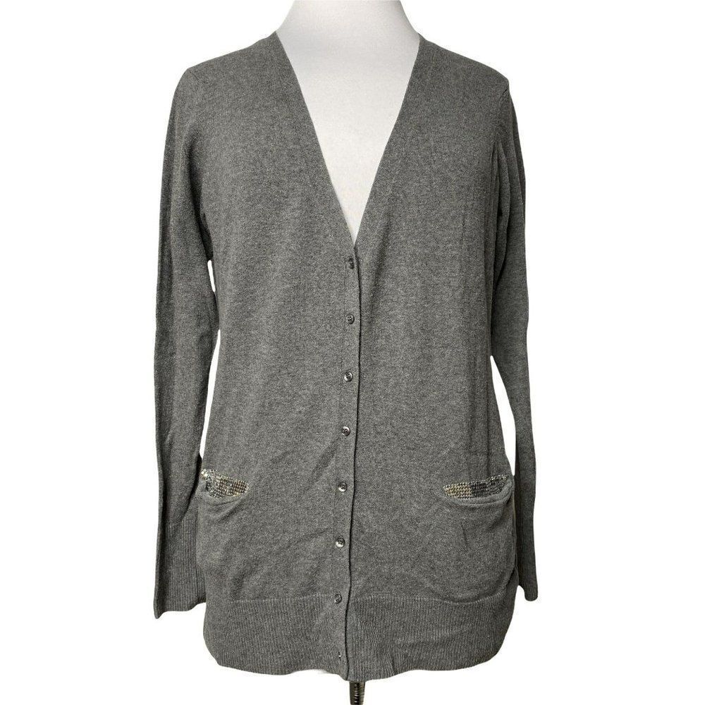 Cache Gray V-Neck Boyfriend Long Cardigan Sweater Sz M Silver Mesh Pocket Detail